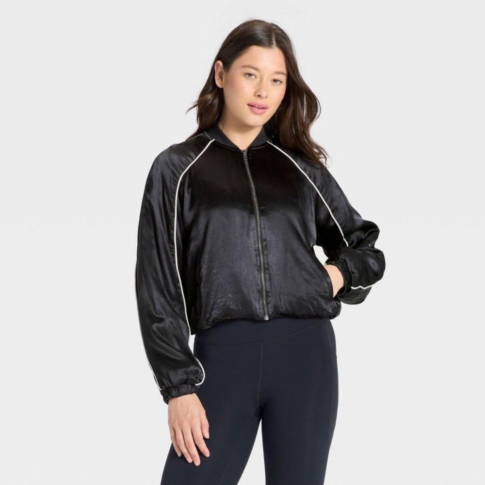 NWT All in Motion, Women's Piped Black Track Varsity Jacket, Elastic Waist Silky